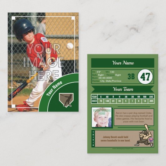 Baseball Trading Kaart Green Back - Aangepaste sta Contactkaartje (Voorkant / Achterkant)