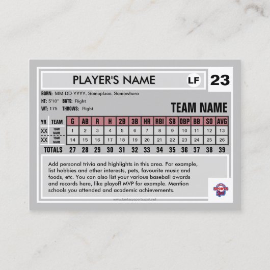 Baseball Trading Kaart Grijs Rug - Aangepaste STAA Contactkaartje (Achterkant)