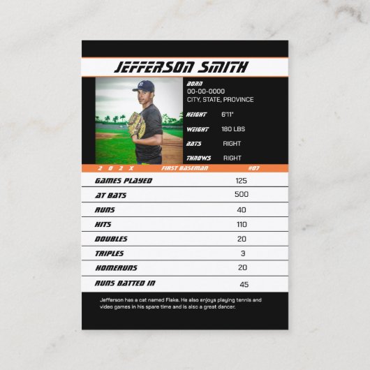 Baseball Trading Kaart Lively Sinaasappel Zwart Contactkaartje (Achterkant)