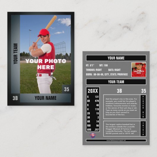 Baseball Trading Kaart Zwart/Grijs - Aangepaste st Contactkaartje (Voorkant / Achterkant)