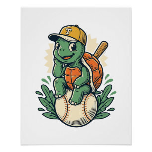 Baseball Turtle Vintage Gravure Grafisch Ontwerp_1 Perfect Poster