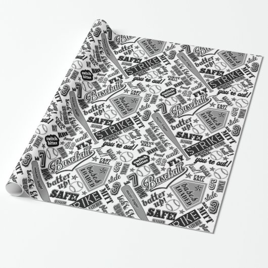 Baseball Typografie Black White ID770 Cadeaupapier (Uitgerold)