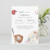 Baseball & Unicorn Siblings Joint Birthday Kaart (Staand voorkant)