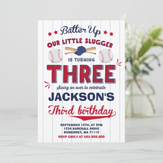Baseball verjaardag uitnodiging honkbal 3e verjaar (Staand voorkant)