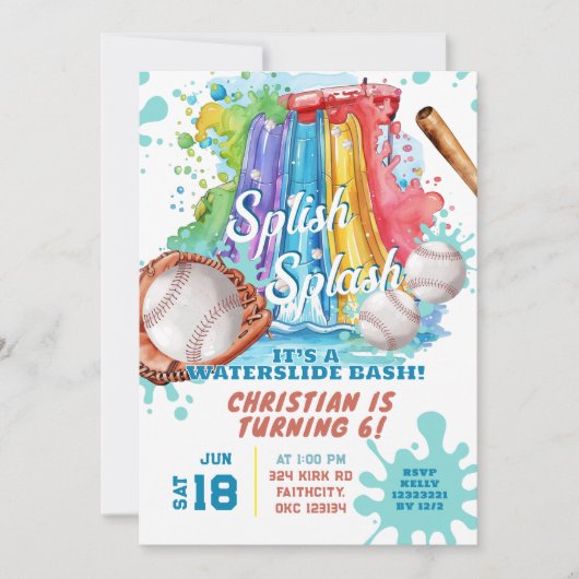 Baseball Waterslide Pool Verjaardagsfeest Kaart (Voorkant)