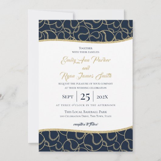 Baseball Wedding Gold en Blue Invitation Kaart (Voorkant)