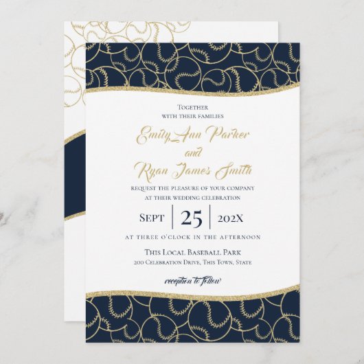 Baseball Wedding Gold en Blue Invitation Kaart (Voorkant / Achterkant)