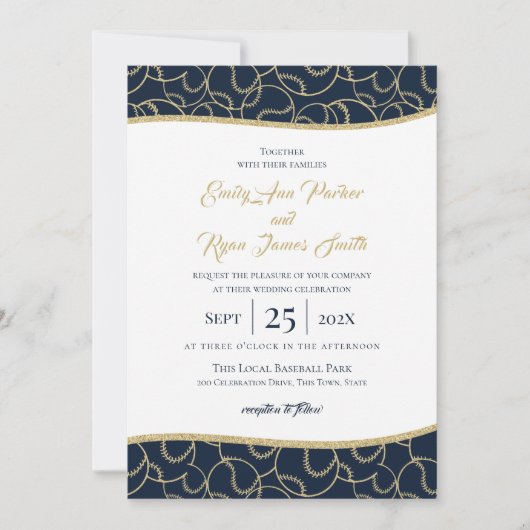 Baseball Wedding Gold en Blue Invitation Kaart (Voorkant)