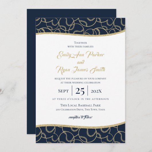 Baseball Wedding Gold en Blue Invitation Kaart (Voorkant / Achterkant)