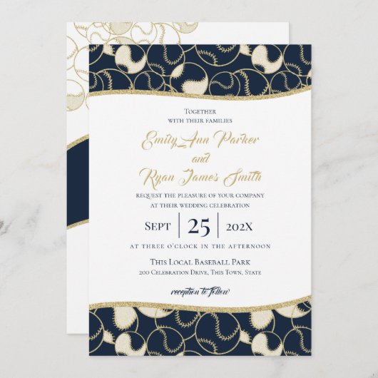 Baseball Wedding Gold en Blue Invitation Kaart (Voorkant / Achterkant)