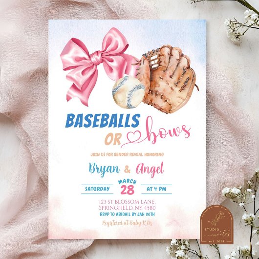 Baseballs of Bows Baby Gender Reveal Kaart