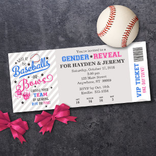 Baseballs of Bows Gender Reveal Ticket Style Kaart