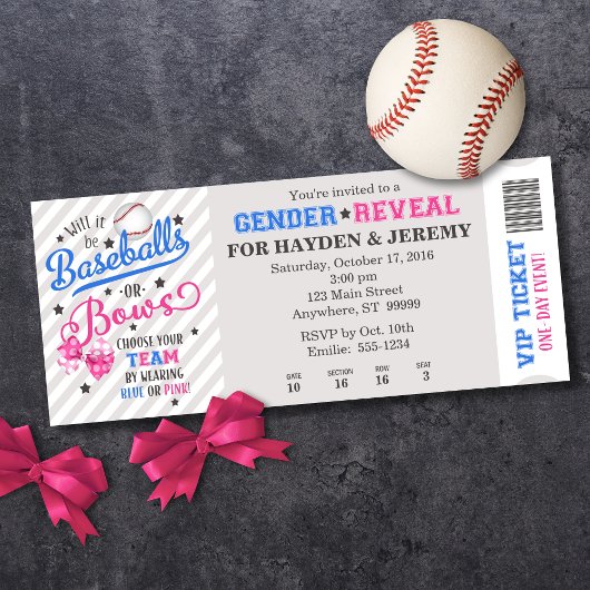 Baseballs of Bows Gender Reveal Ticket Style Kaart