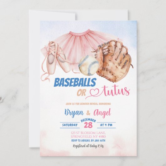 Baseballs of Tutus Gender Reveal Kaart (Voorkant)