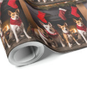 Basenji bij de open haard Kerstmis Cadeaupapier (Rol Hoek)