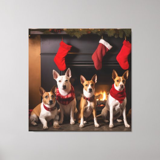 Basenji bij de open haard Kerstmis Canvas Afdruk (Voorkant)