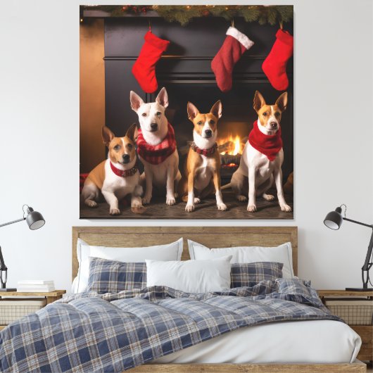 Basenji bij de open haard Kerstmis Canvas Afdruk (Insitu (Slaapkamer))