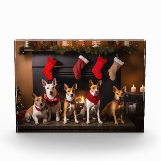 Basenji bij de open haard Kerstmis Fotoblokken (Voorkant)
