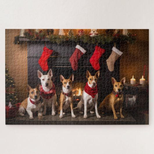 Basenji bij de open haard Kerstmis Legpuzzel (Horizontaal)