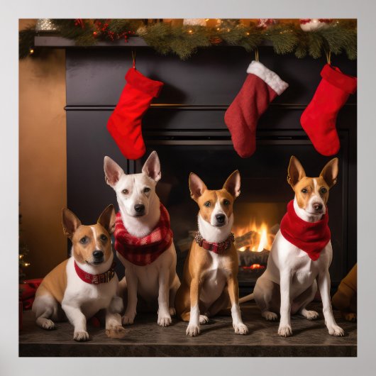 Basenji bij de open haard Kerstmis Poster (Voorkant)