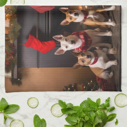 Basenji bij de open haard Kerstmis Theedoek (Gevouwen)