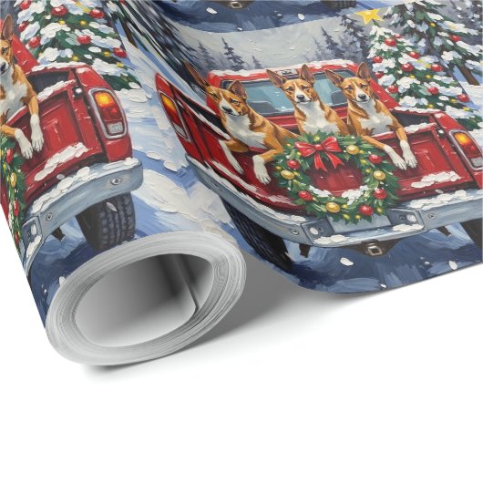 Basenji Christmas Red Truck Holiday Cadeaupapier (Rol Hoek)