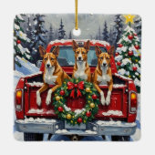 Basenji Christmas Red Truck Holiday Keramisch Ornament (Achterkant)