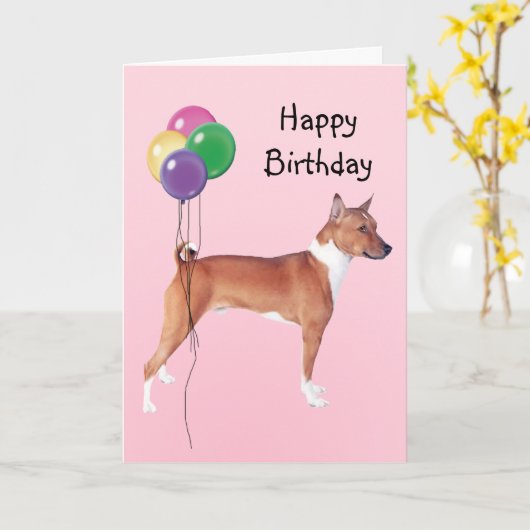 Basenji, de Ballons van de Verjaardag Kaart (Gele Bloem)