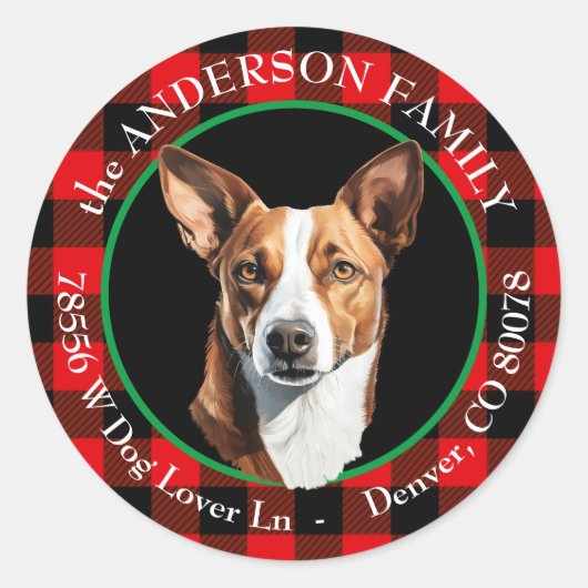 Basenji Dog Buffalo Plaid Retouradres Ronde Sticker (Voorkant)