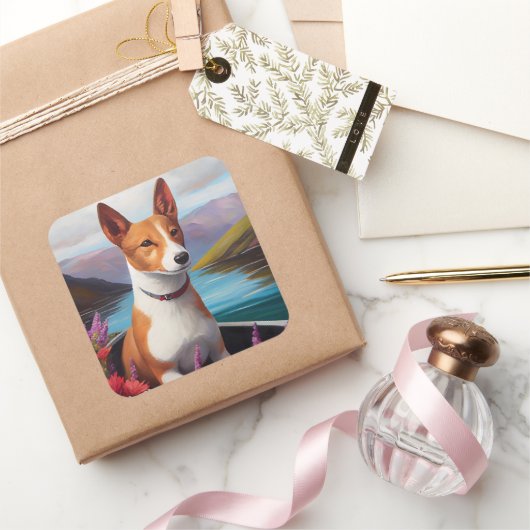 Basenji Dog op een peddel: Een Schilderachtig avon Vierkante Sticker (Geschenken)