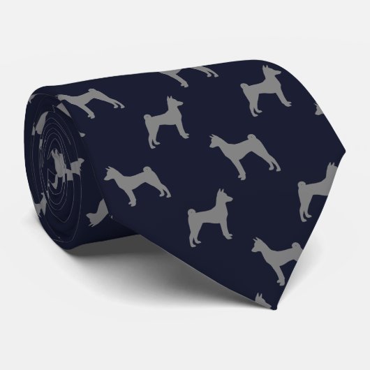 Basenji Dog Silhouettes Pattern Blue en Grey Stropdas (Opgerold)