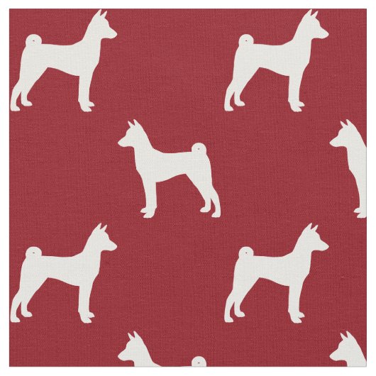Basenji Dog Silhouettes Red en White Patterned Stof (Close Up)