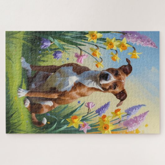 Basenji Dog Spring Bloemen Schilderen Legpuzzel (Horizontaal)