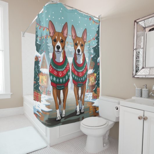 Basenji Dogs Christmas Snow Holiday  Douchegordijn (In situ)