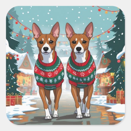 Basenji Dogs Christmas Snow Holiday  Vierkante Sticker (Voorkant)