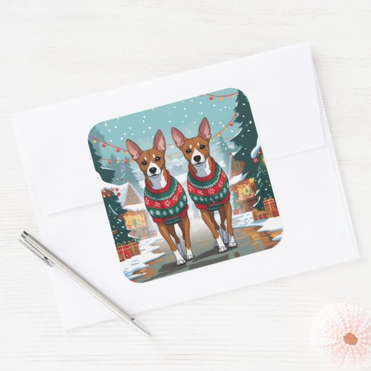 Basenji Dogs Christmas Snow Holiday  Vierkante Sticker (Envelop)