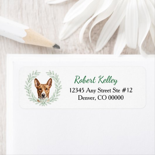 Basenji Eucalyptus Leaf Wreath Return Address Etiket (Insitu)
