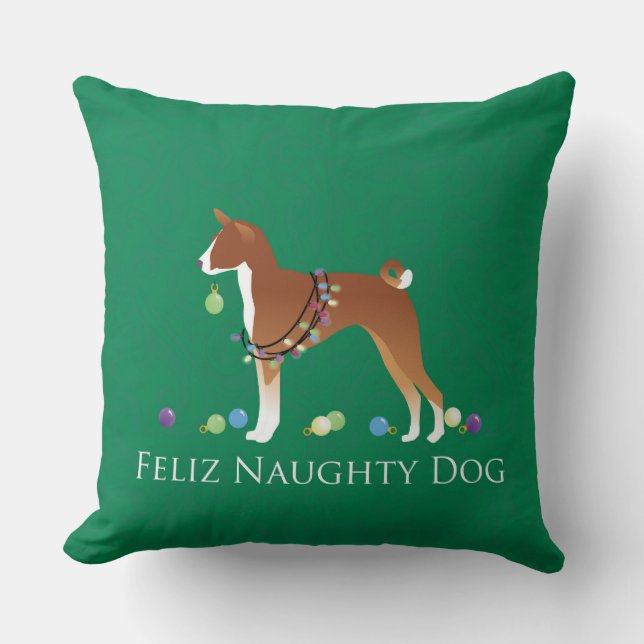 Basenji Feliz Naughty Dog Kerstmis Kussen (Voorkant)