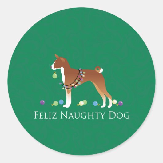 Basenji Feliz Naughty Dog Kerstmis Ronde Sticker (Voorkant)