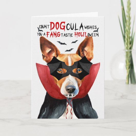 Basenji Hond Grappig Count DOGcula Halloween Feestdagen Kaart (Voorkant)