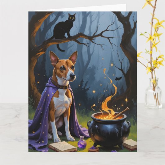Basenji Hond grillig Halloween schilderij Kaart (Gele Bloem)