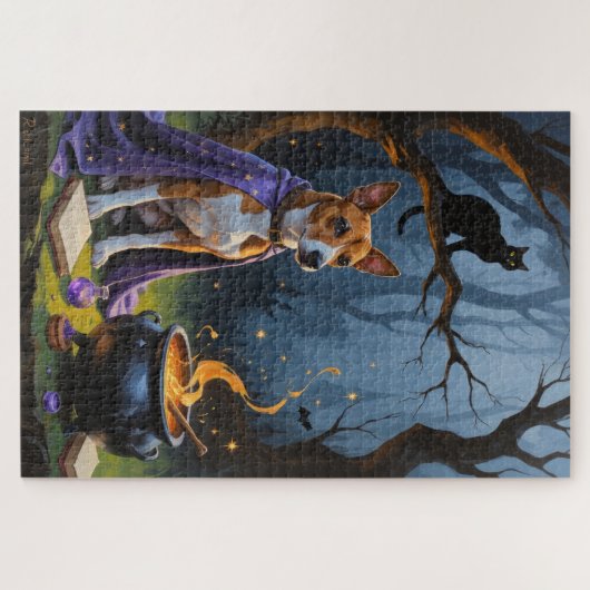 Basenji Hond grillig Halloween schilderij Legpuzzel (Horizontaal)