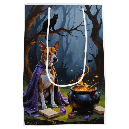 Basenji Hond grillig Halloween schilderij Medium Cadeauzakje (Achterkant)