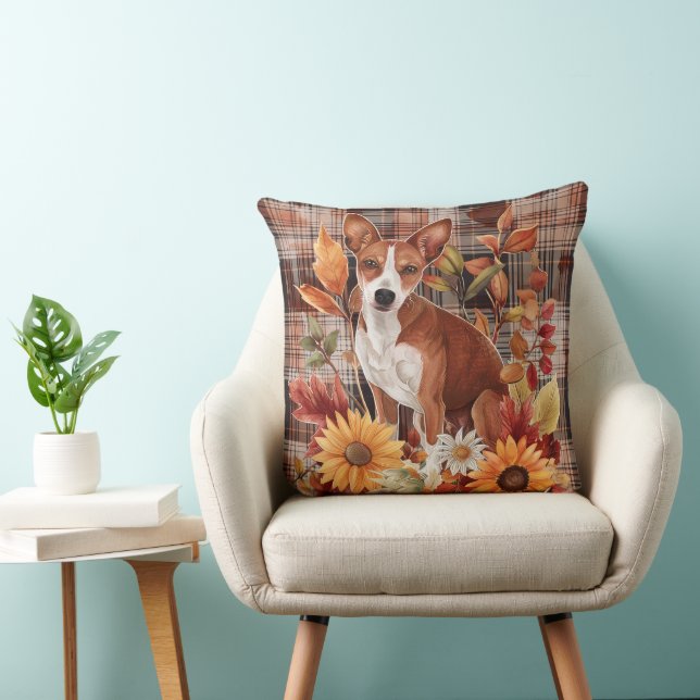Basenji Hond Herfst Aquarel Bloemen Kussen (Stoel)