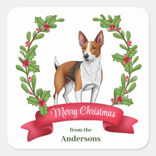 Basenji Hond Holly Banner Kerstmis Vierkante Sticker (Voorkant)