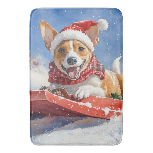 Basenji Hond in Sledge Laat het Sneeuw Kerstmis Badmat (Voorkant Verticaal)