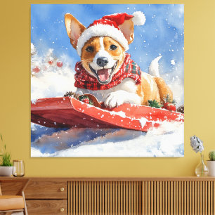 Basenji Hond in Sledge Laat het Sneeuw Kerstmis Canvas Afdruk