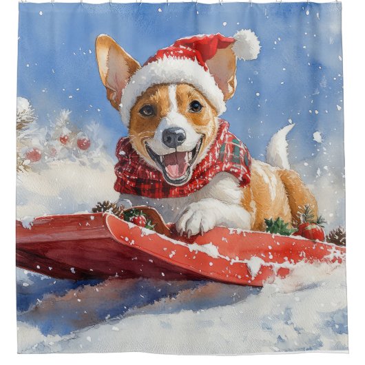 Basenji Hond in Sledge Laat het Sneeuw Kerstmis Douchegordijn (Voorkant)