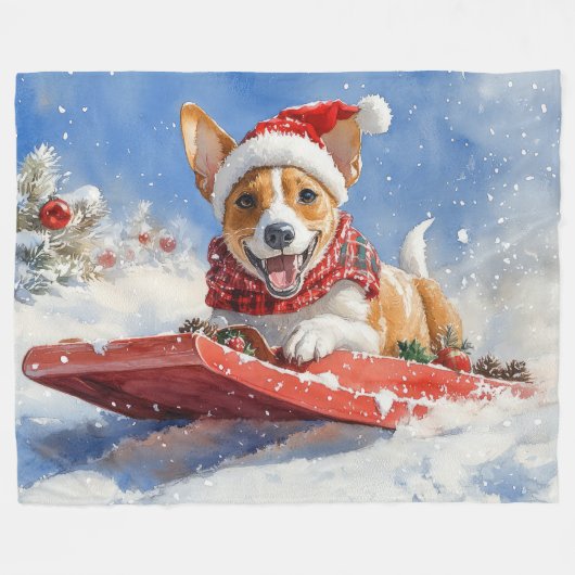 Basenji Hond in Sledge Laat het Sneeuw Kerstmis Fleece Deken (Voorkant (Horizontaal))