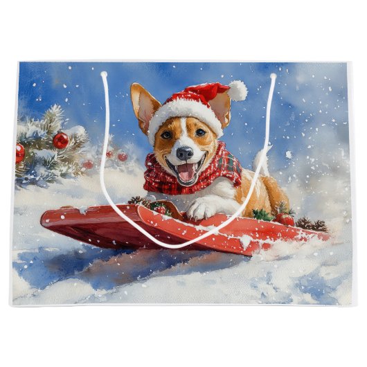 Basenji Hond in Sledge Laat het Sneeuw Kerstmis Groot Cadeauzakje (Voorkant)
